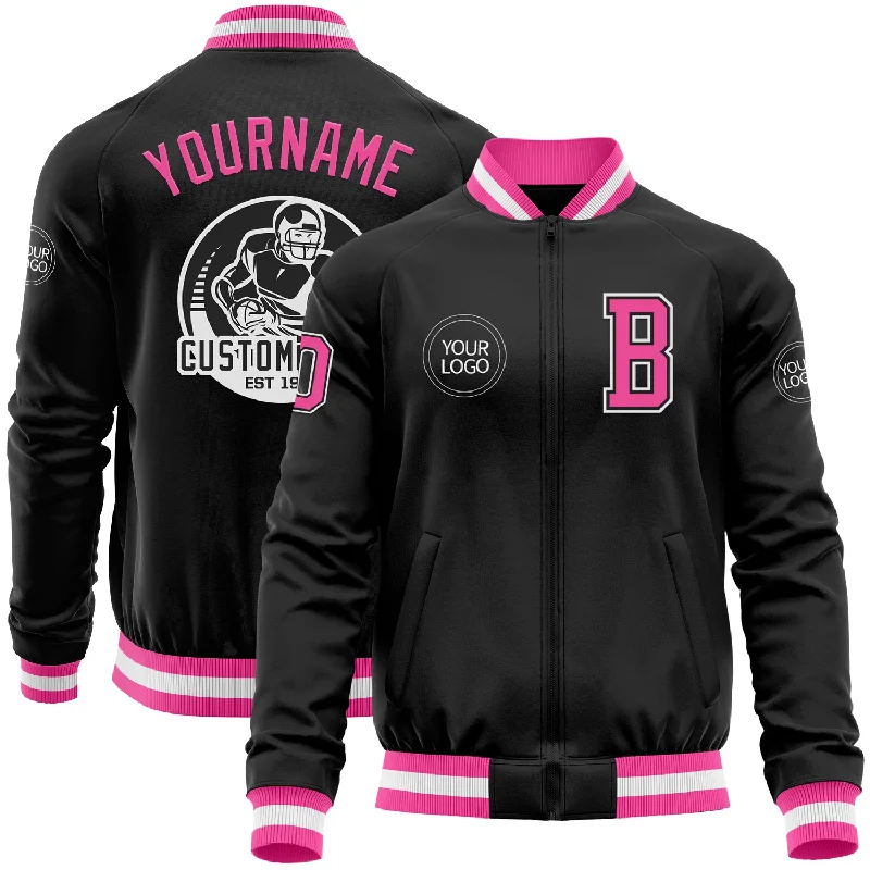 Fishing tackle waterproof rack-Custom Black Pink-White Bomber Varsity Letterman Zipper Jacket