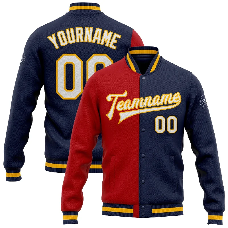 Fishing bait cutting holder-Custom Navy White Red-Gold Bomber Full-Snap Varsity Letterman Split Fashion Jacket