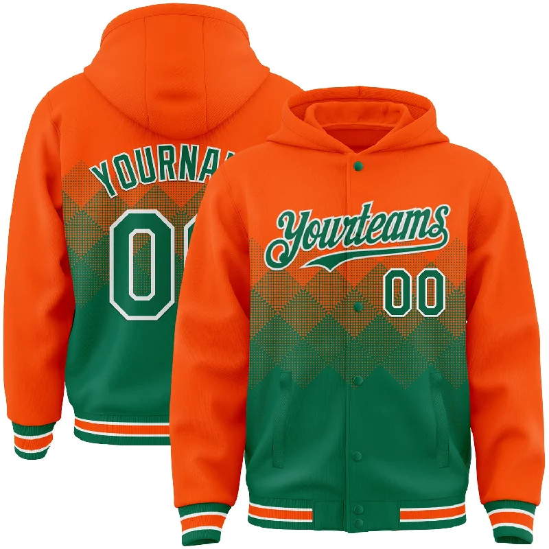 Fishing bait pressing clamp-Custom Orange Kelly Green-White Gradient Square Shape 3D Pattern Design Bomber Full-Snap Varsity Letterman Hoodie Jacket