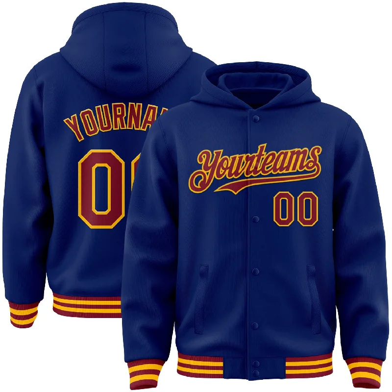 Fishing hook tension clamp-Custom Royal Crimson-Gold Bomber Full-Snap Varsity Letterman Hoodie Jacket