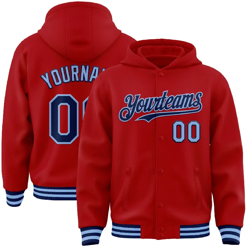 Fishing reel spool clamp-Custom Red Navy-Light Blue Bomber Full-Snap Varsity Letterman Hoodie Jacket