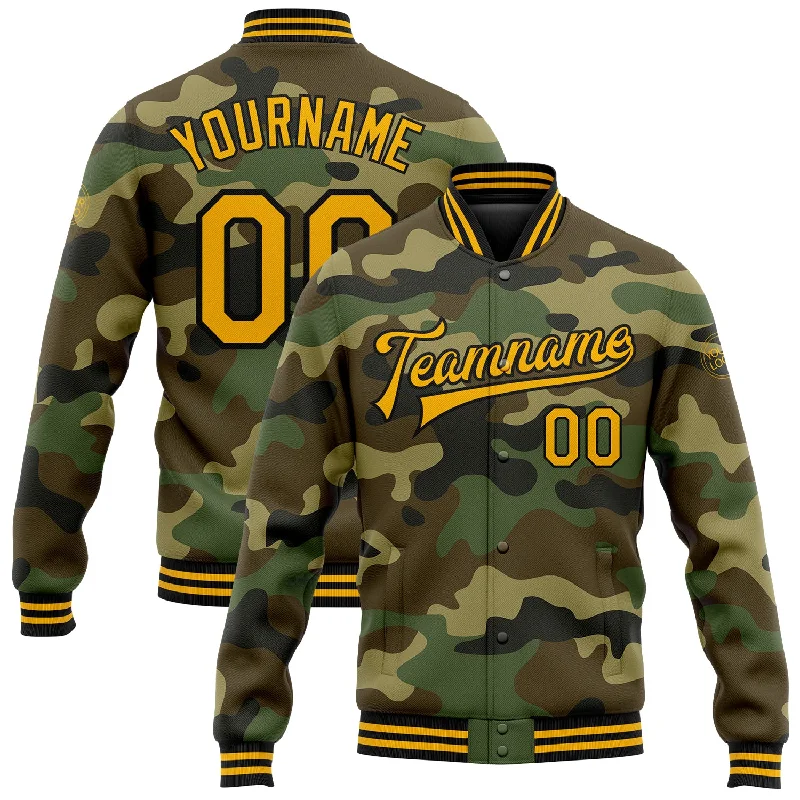 Fishing pliers with hook rack-Custom Camo Gold-Black Bomber Full-Snap Varsity Letterman Salute To Service Jacket