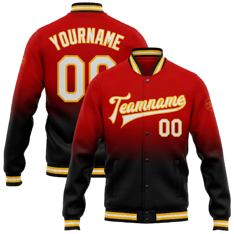 Fishing hook tension rack-Custom Red White Black-Gold Bomber Full-Snap Varsity Letterman Fade Fashion Jacket