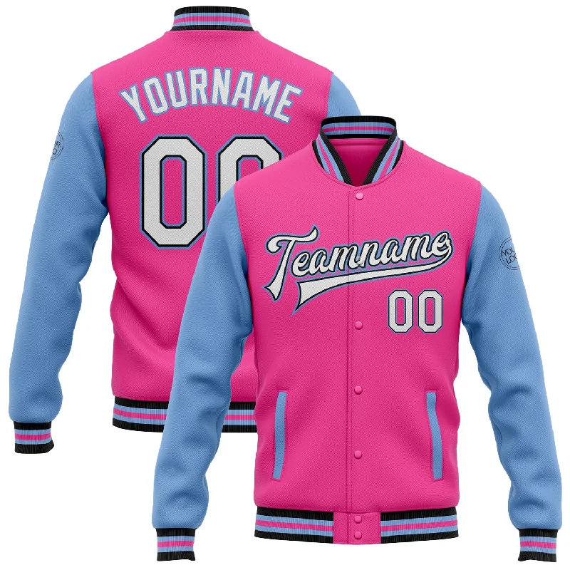 Fishing tackle sorting tray-Custom Pink White Black-Light Blue Bomber Full-Snap Varsity Letterman Two Tone Jacket