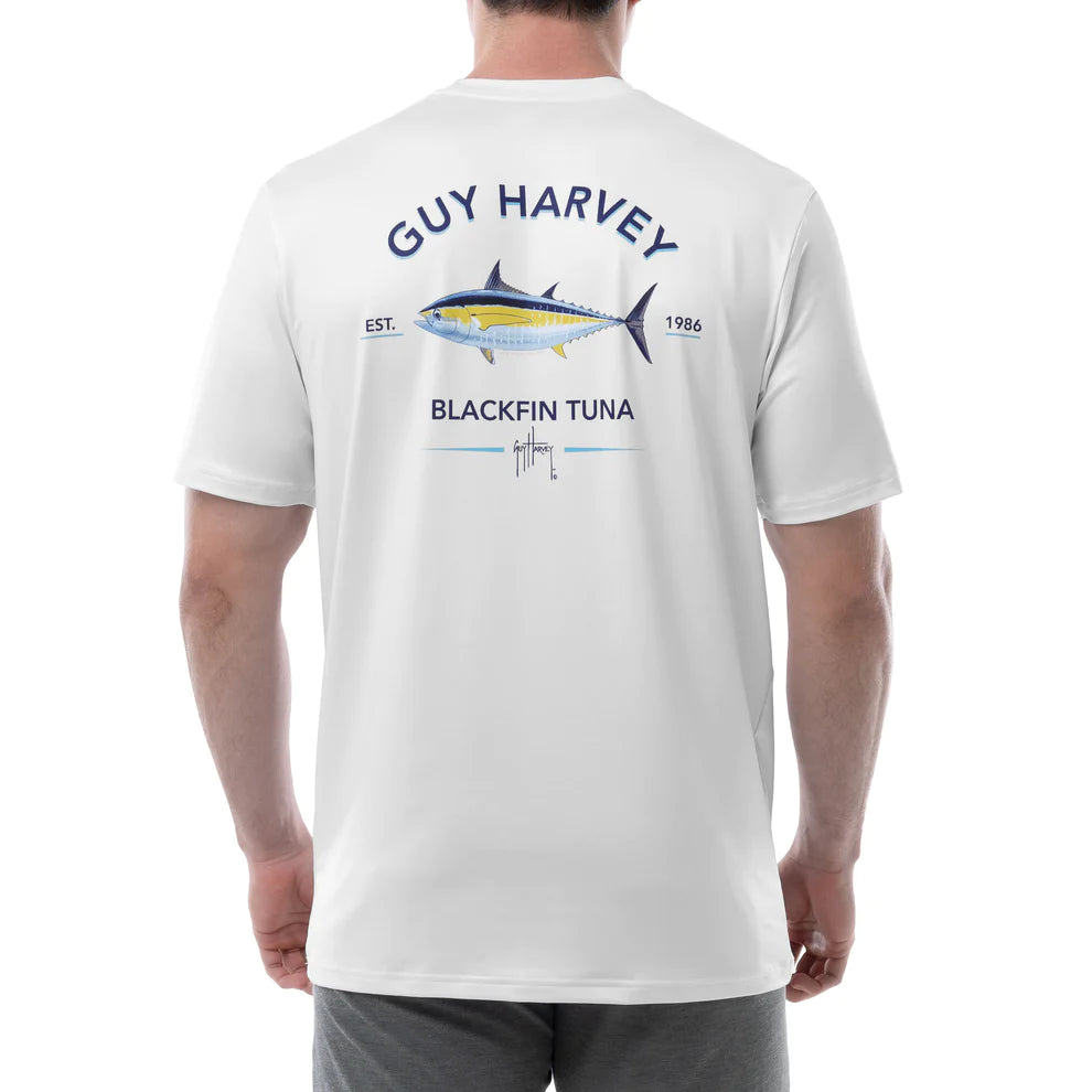 Fishing hook crimping pliers-Guy Harvey Men's Blackfin Tuna Short Sleeve Performance Shirt White