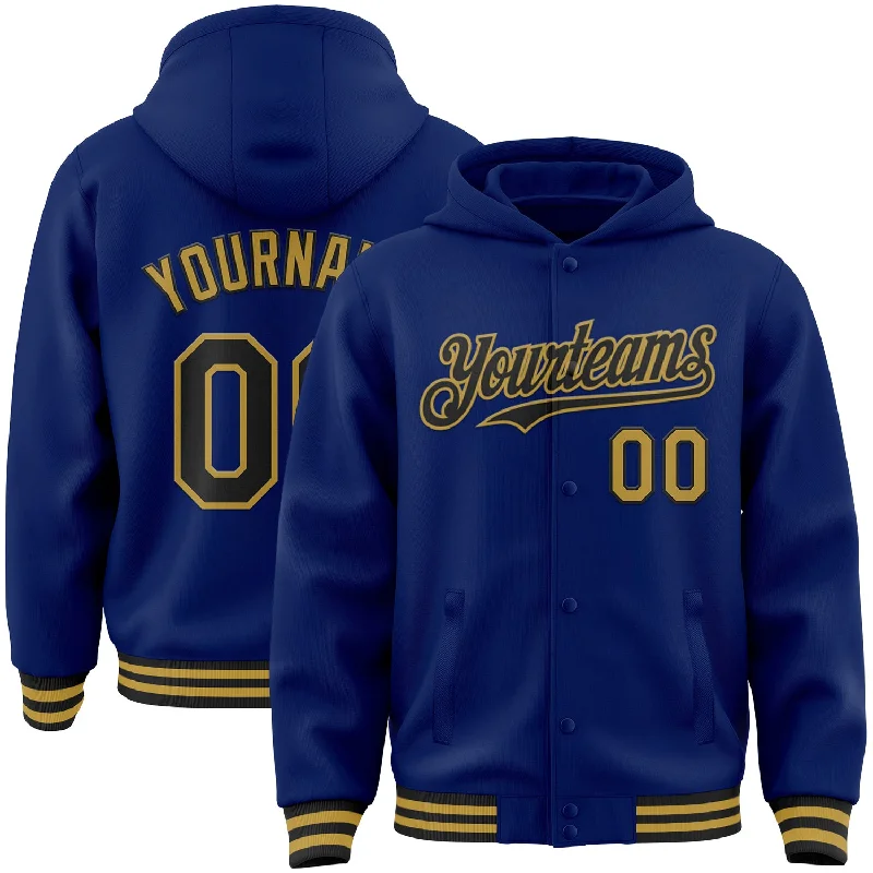 Fishing bait sealing holder-Custom Royal Black-Old Gold Bomber Full-Snap Varsity Letterman Hoodie Jacket