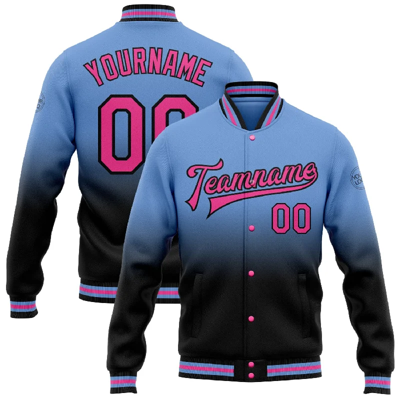 Fishing line loop clamp-Custom Light Blue Pink-Black Bomber Full-Snap Varsity Letterman Fade Fashion Jacket