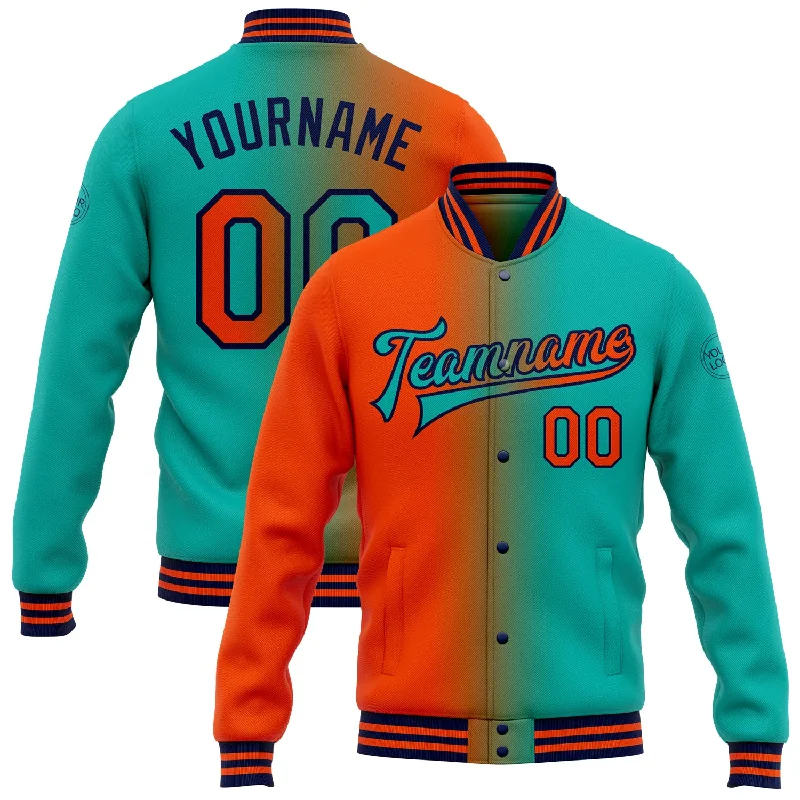 Fishing hook knotting tool-Custom Aqua Orange-Navy Bomber Full-Snap Varsity Letterman Gradient Fashion Jacket