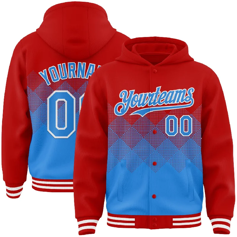 Fishing reel line rack-Custom Red Powder Blue-White Gradient Square Shape 3D Pattern Design Bomber Full-Snap Varsity Letterman Hoodie Jacket