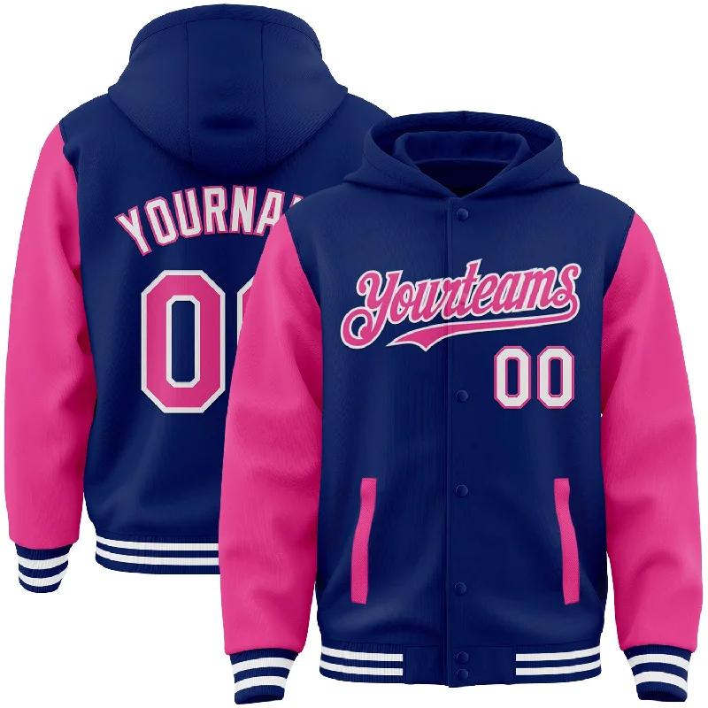 Fishing rod alignment stand-Custom Royal Pink-White Bomber Full-Snap Varsity Letterman Two Tone Hoodie Jacket