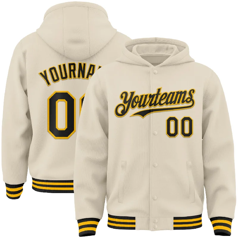 Fishing line knot gauge-Custom Cream Black-Gold Bomber Full-Snap Varsity Letterman Hoodie Jacket