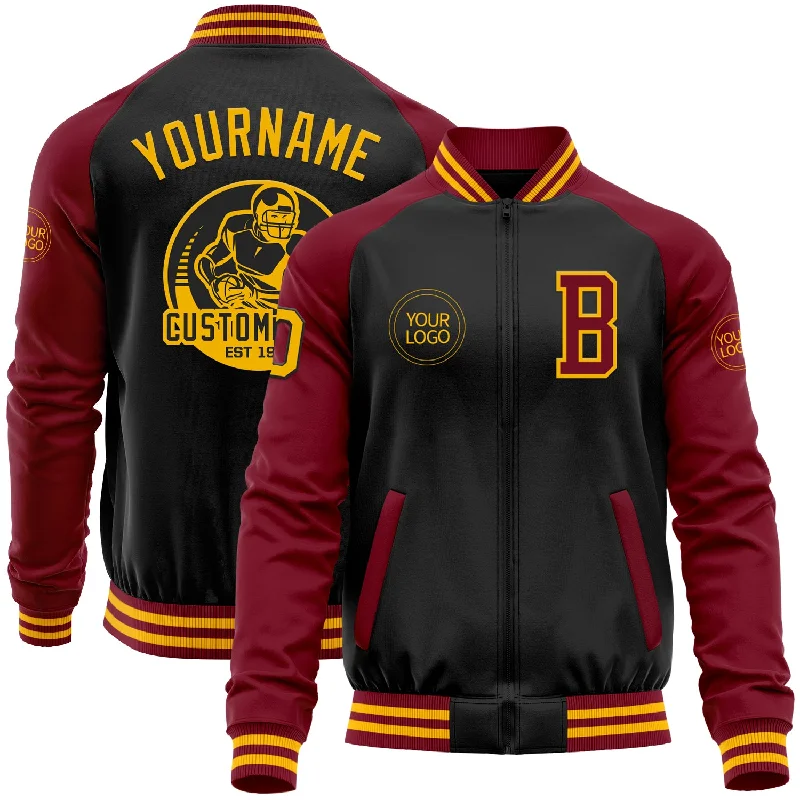 Fishing line twisting rack-Custom Black Gold-Crimson Bomber Varsity Letterman Two Tone Zipper Jacket