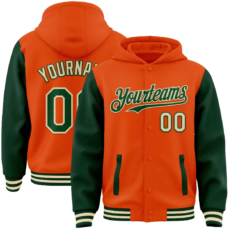 Fishing line braiding stand-Custom Orange Green-Cream Bomber Full-Snap Varsity Letterman Two Tone Hoodie Jacket