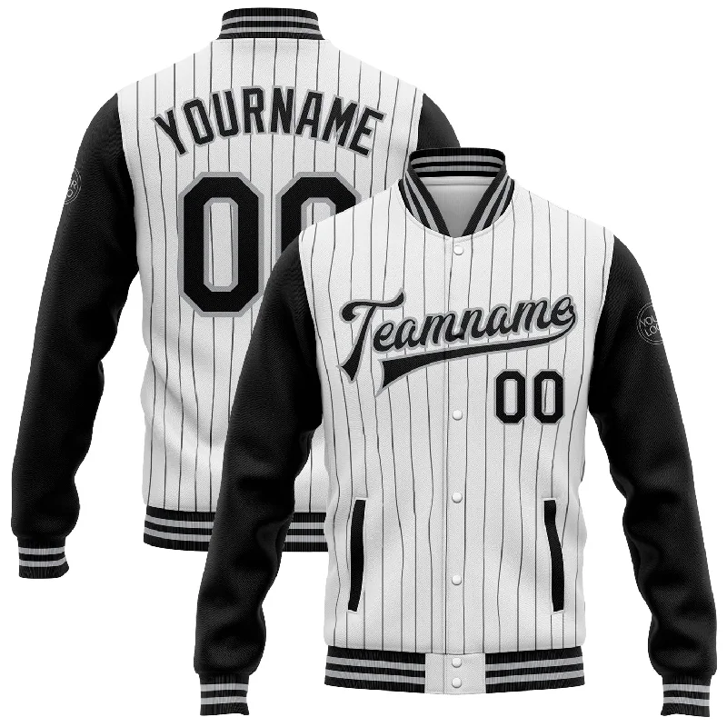 Fishing reel tension rack-Custom White Black Pinstripe Gray Bomber Full-Snap Varsity Letterman Two Tone Jacket