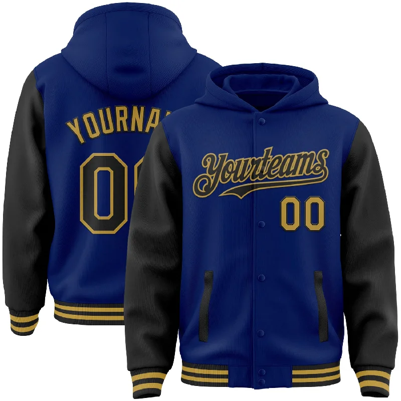 Fishing rod tilt rack-Custom Royal Black-Old Gold Bomber Full-Snap Varsity Letterman Two Tone Hoodie Jacket