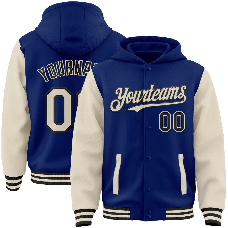 Fishing tackle lightweight holder-Custom Royal Cream-Black Bomber Full-Snap Varsity Letterman Two Tone Hoodie Jacket