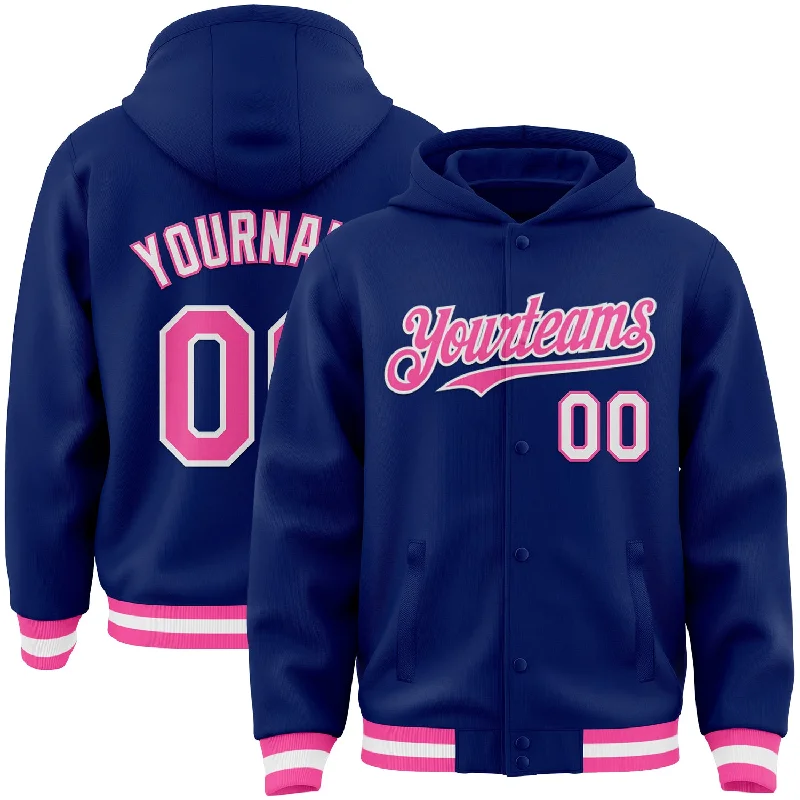 Fishing rod securing holder-Custom Royal Pink-White Bomber Full-Snap Varsity Letterman Hoodie Jacket