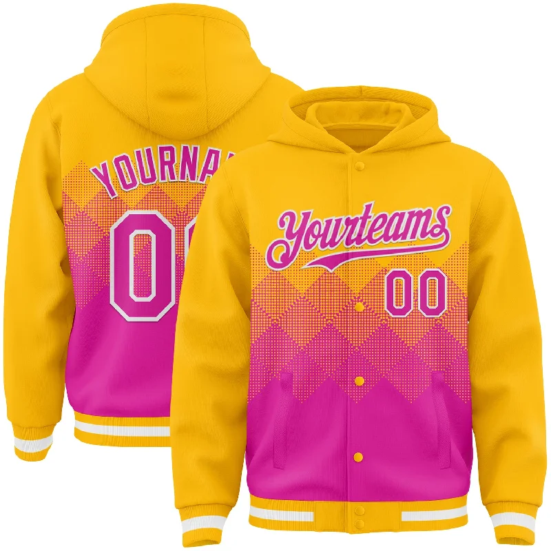 Fishing line knotting rack-Custom Gold Deep Pink-White Gradient Square Shape 3D Pattern Design Bomber Full-Snap Varsity Letterman Hoodie Jacket