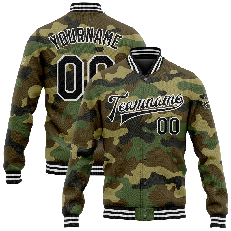 Fishing rod securing rack-Custom Camo Black-White Bomber Full-Snap Varsity Letterman Salute To Service Jacket