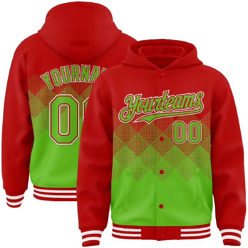 Fishing bait shaping rack-Custom Red Aurora Green-White Gradient Square Shape 3D Pattern Design Bomber Full-Snap Varsity Letterman Hoodie Jacket