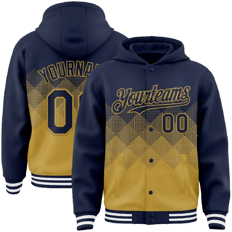 Fishing rod locking stand-Custom Navy Old Gold-White Gradient Square Shape 3D Pattern Design Bomber Full-Snap Varsity Letterman Hoodie Jacket