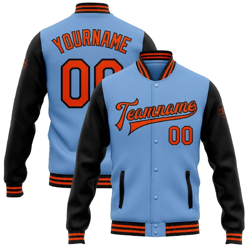 Fishing reel line holder-Custom Light Blue Orange-Black Bomber Full-Snap Varsity Letterman Two Tone Jacket