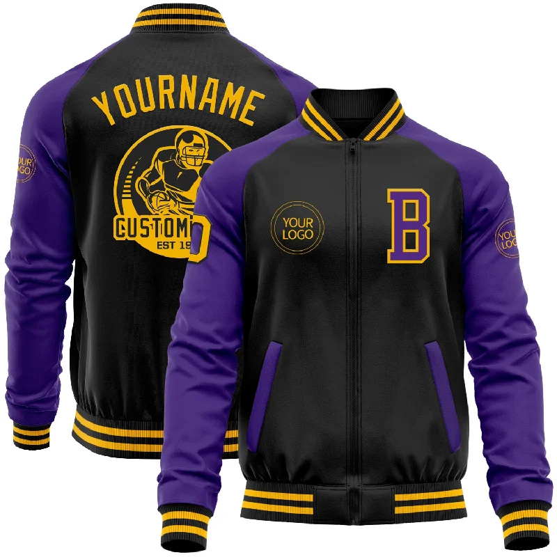 Fishing bait shaping rack-Custom Black Gold-Purple Bomber Varsity Letterman Two Tone Zipper Jacket