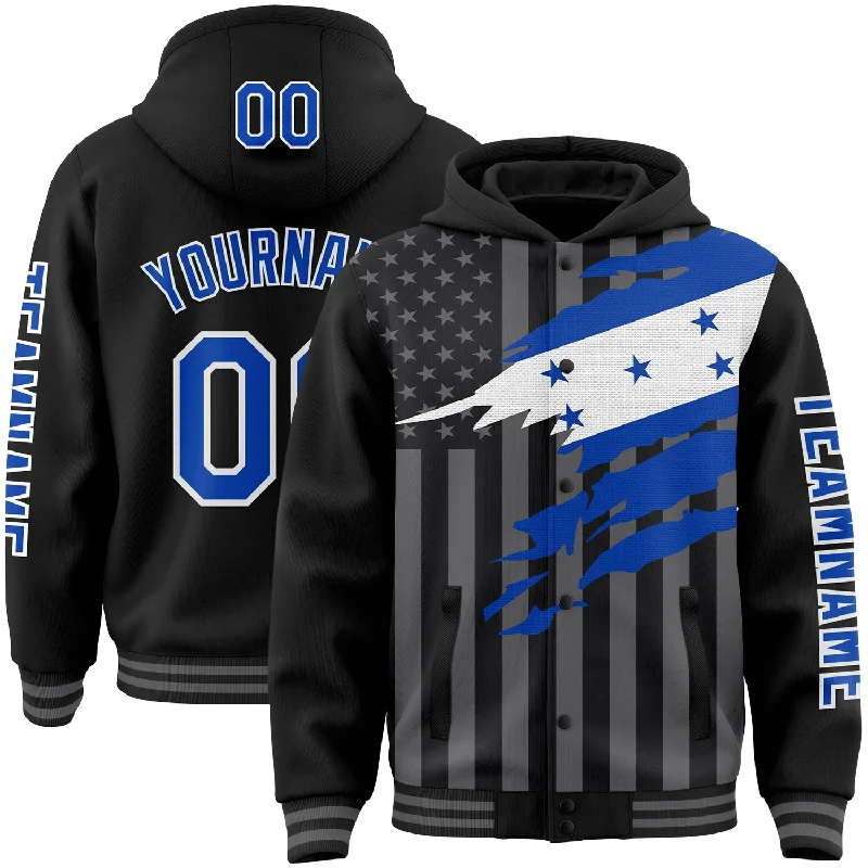 Fishing bait freezing rack-Custom Black Thunder Blue-Gray Honduras Honduran Flag 3D Bomber Full-Snap Varsity Letterman Hoodie Jacket