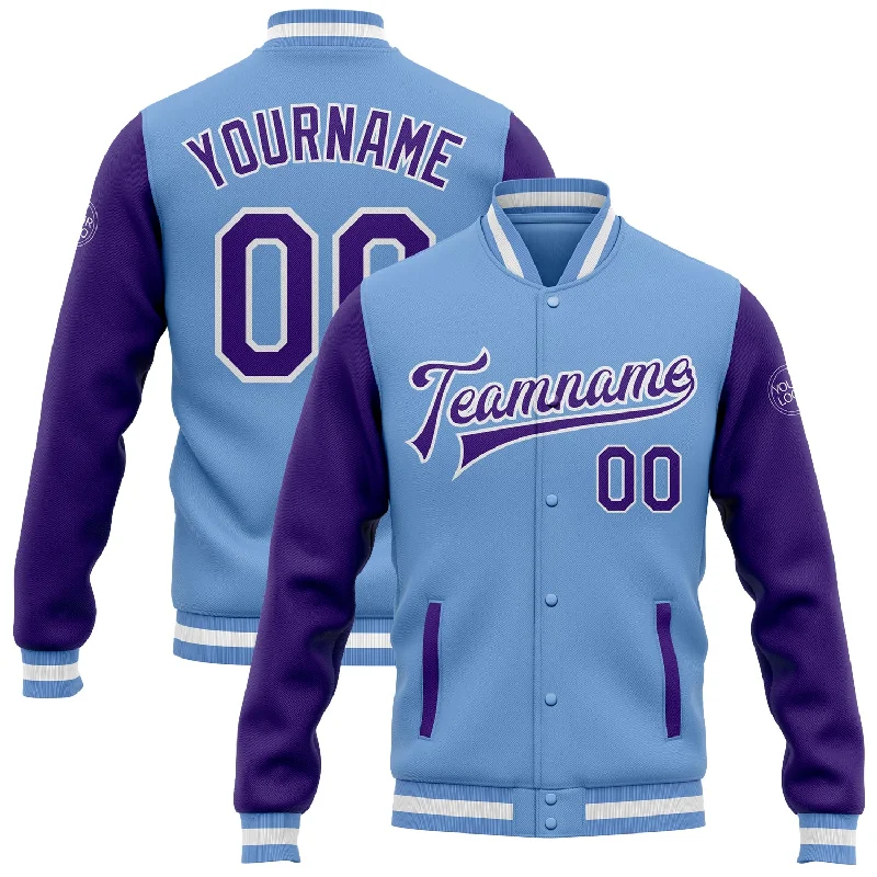 Fishing rod pivot stand-Custom Light Blue Purple-White Bomber Full-Snap Varsity Letterman Two Tone Jacket