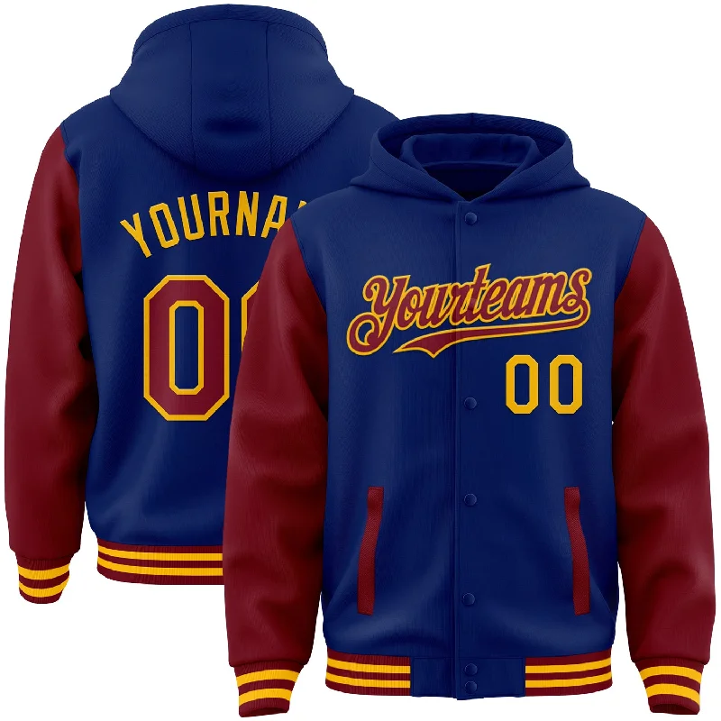 Fishing line knot clamp-Custom Royal Crimson-Gold Bomber Full-Snap Varsity Letterman Two Tone Hoodie Jacket