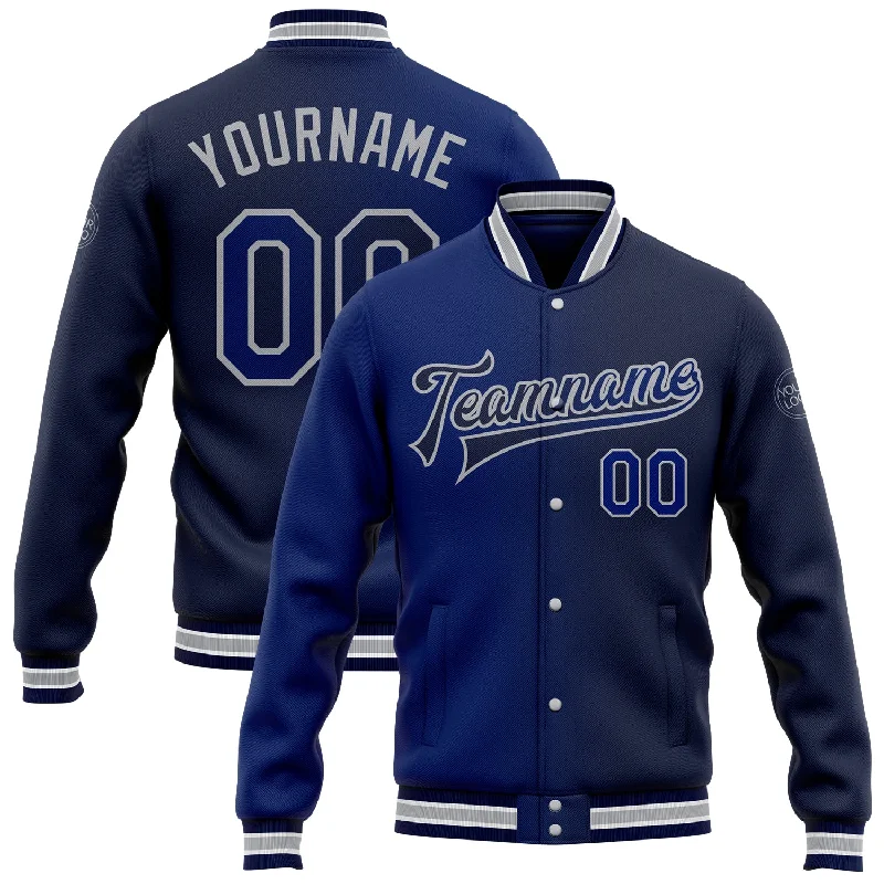 Fishing line braiding stand-Custom Navy Royal-Gray Bomber Full-Snap Varsity Letterman Gradient Fashion Jacket