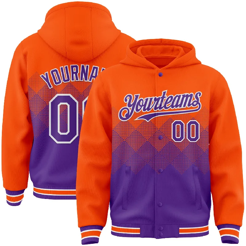 Fishing rod display clamp-Custom Orange Purple-White Gradient Square Shape 3D Pattern Design Bomber Full-Snap Varsity Letterman Hoodie Jacket