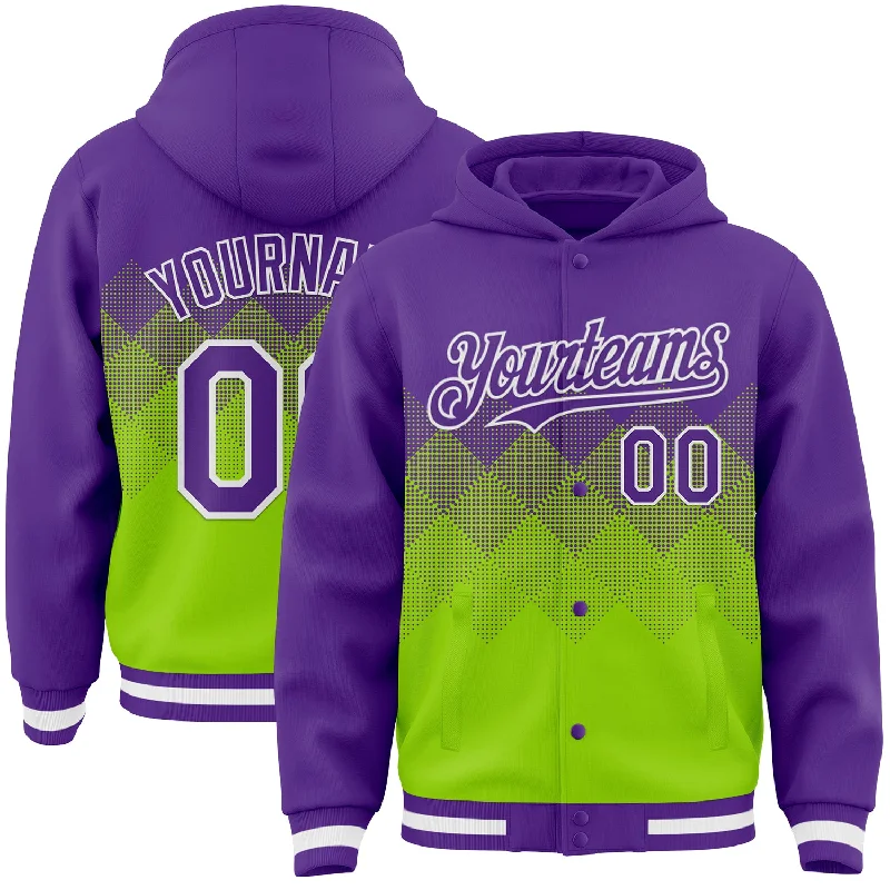 Fishing rod pivot clamp-Custom Purple Neon Green-White Gradient Square Shape 3D Pattern Design Bomber Full-Snap Varsity Letterman Hoodie Jacket