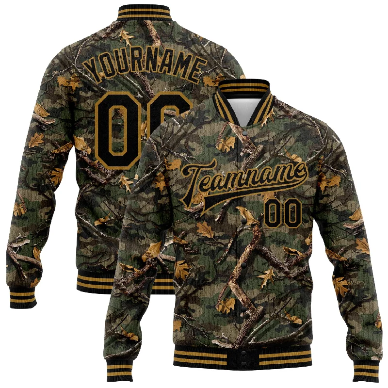 Fishing rod locking stand-Custom Camo Black-Old Gold Classic Wood Camouflage 3D Bomber Full-Snap Varsity Letterman Salute To Service Jacket