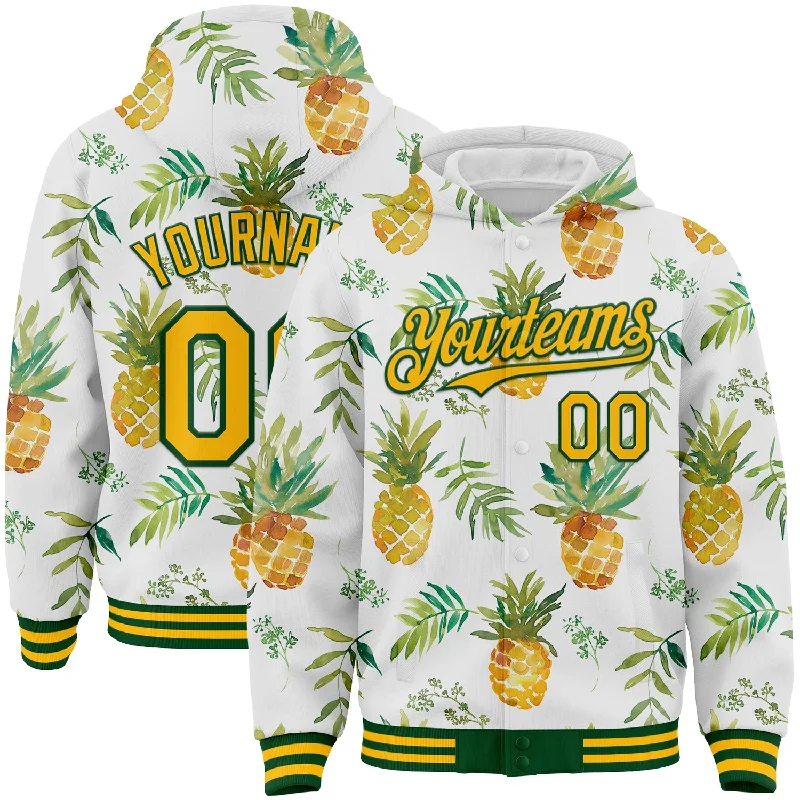 Fishing line splicing rack-Custom White Gold-Green Tropical Hawaii Fruit Pineapple 3D Bomber Full-Snap Varsity Letterman Hoodie Jacket