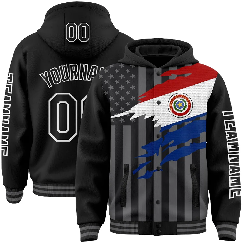 Fishing hook threading rack-Custom Black Gray-White Paraguay Paraguayan Flag 3D Bomber Full-Snap Varsity Letterman Hoodie Jacket