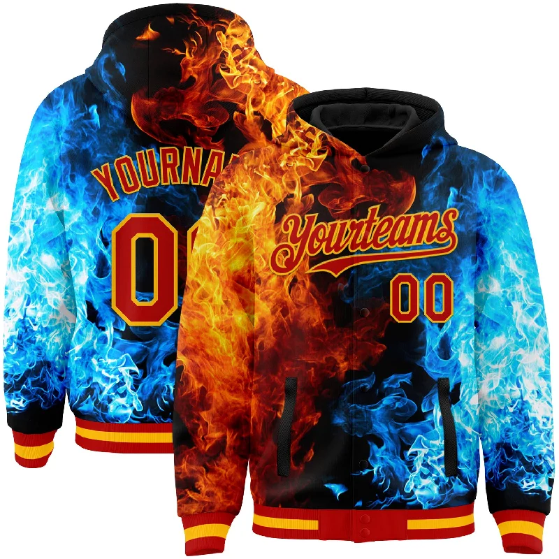 Fishing reel spool stand-Custom Red Gold Black-Lakes Blue Flame 3D Pattern Design Bomber Full-Snap Varsity Letterman Hoodie Jacket