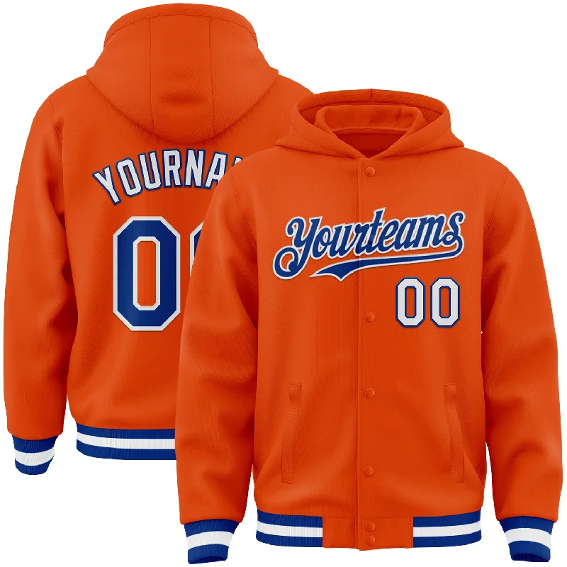 Fishing reel line holder-Custom Orange Royal-White Bomber Full-Snap Varsity Letterman Hoodie Jacket