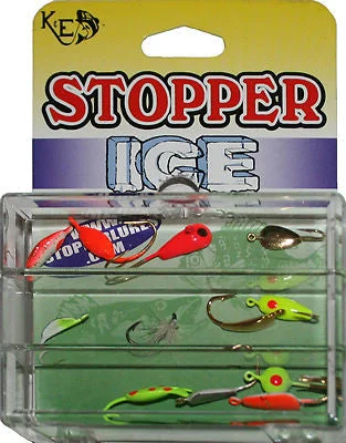 Fishing reel line rack-Stopper Mini Ice Fishing Kit 12-8 Includes 12 Different Jigs Sized 8 3C-12-10