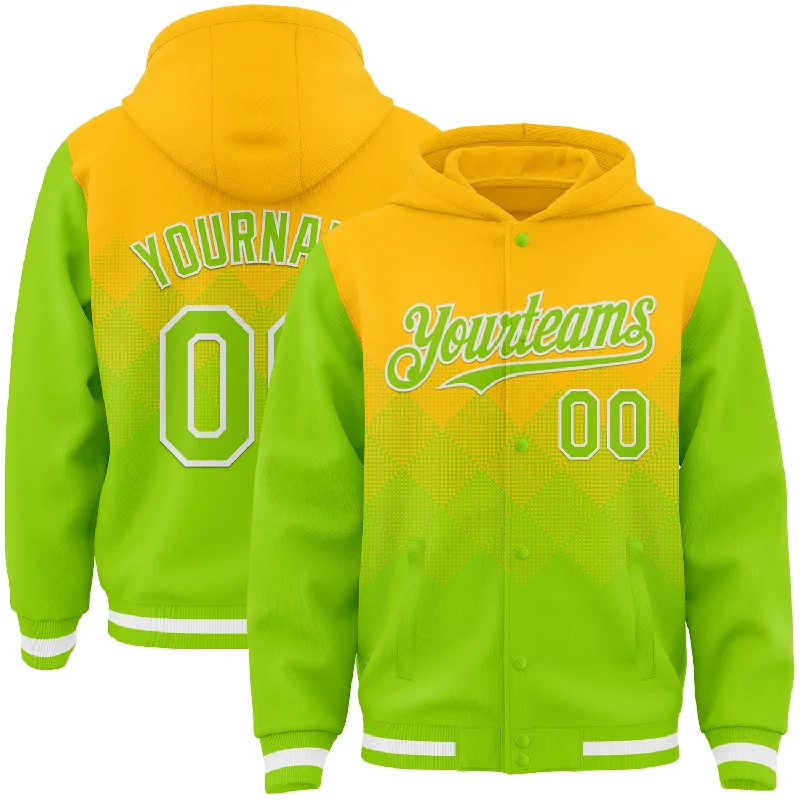 Fishing bait drying rack-Custom Gold Neon Green-White Gradient Square Shape 3D Pattern Design Bomber Full-Snap Varsity Letterman Hoodie Jacket