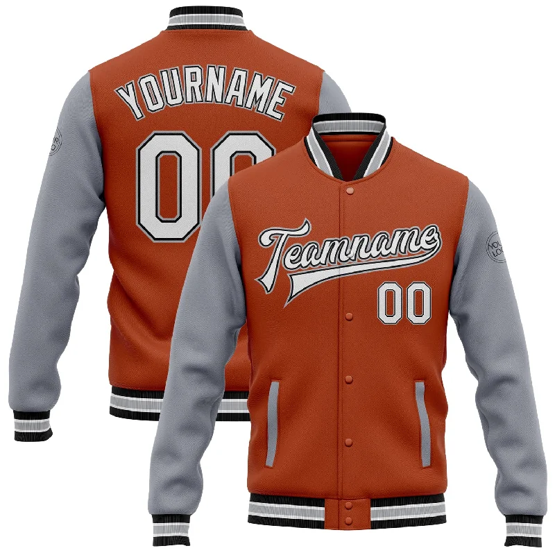 Fishing hook angle rack-Custom Texas Orange White Black-Gray Bomber Full-Snap Varsity Letterman Two Tone Jacket