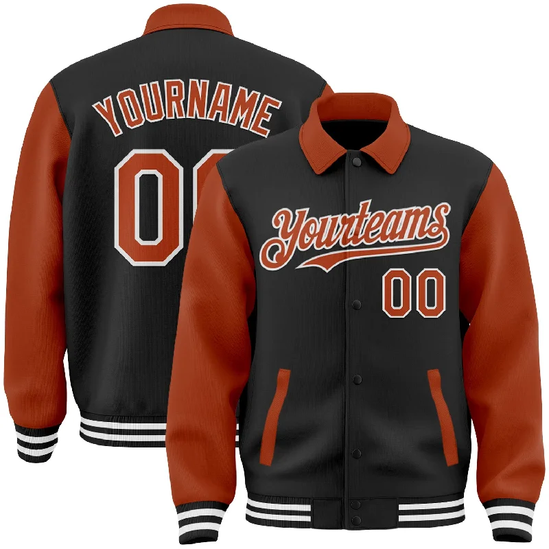 Fishing rod locking rack-Custom Black Texas Orange-White Bomber Full-Snap Varsity Letterman Two Tone Lapel Collar Byron Jacket