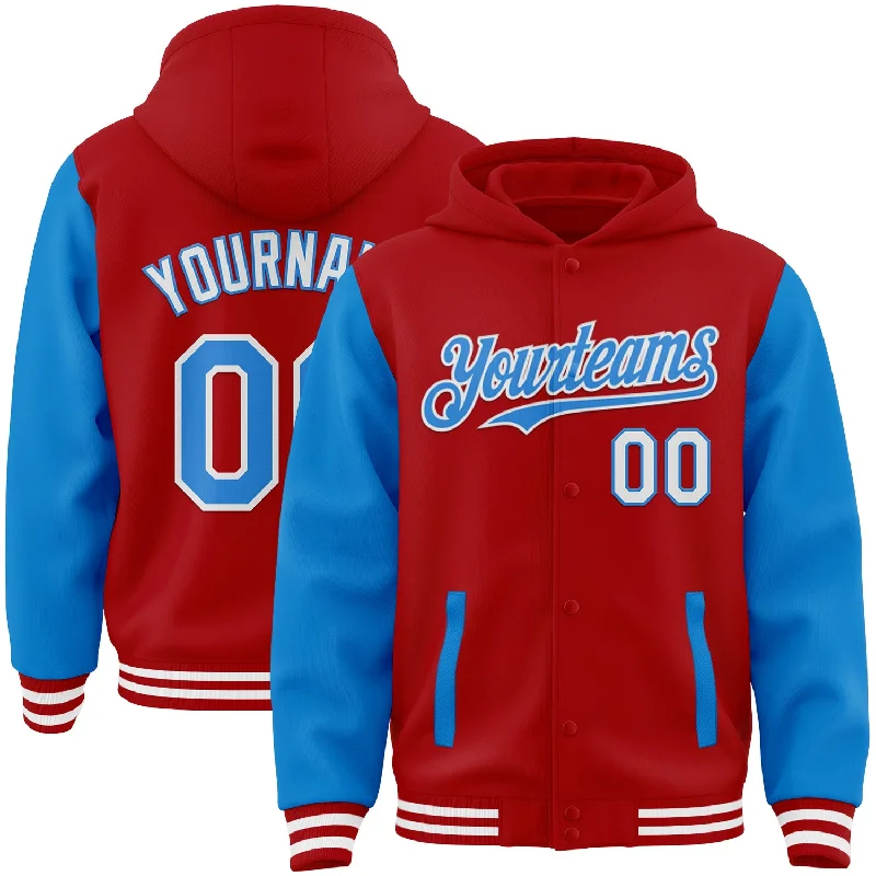 Fishing rod display stand-Custom Red Powder Blue-White Bomber Full-Snap Varsity Letterman Two Tone Hoodie Jacket