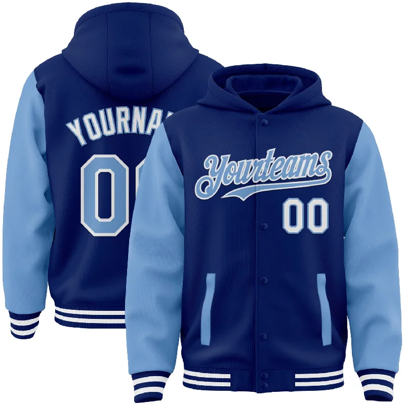 Fishing hook straightening clamp-Custom Royal Light Blue-White Bomber Full-Snap Varsity Letterman Two Tone Hoodie Jacket