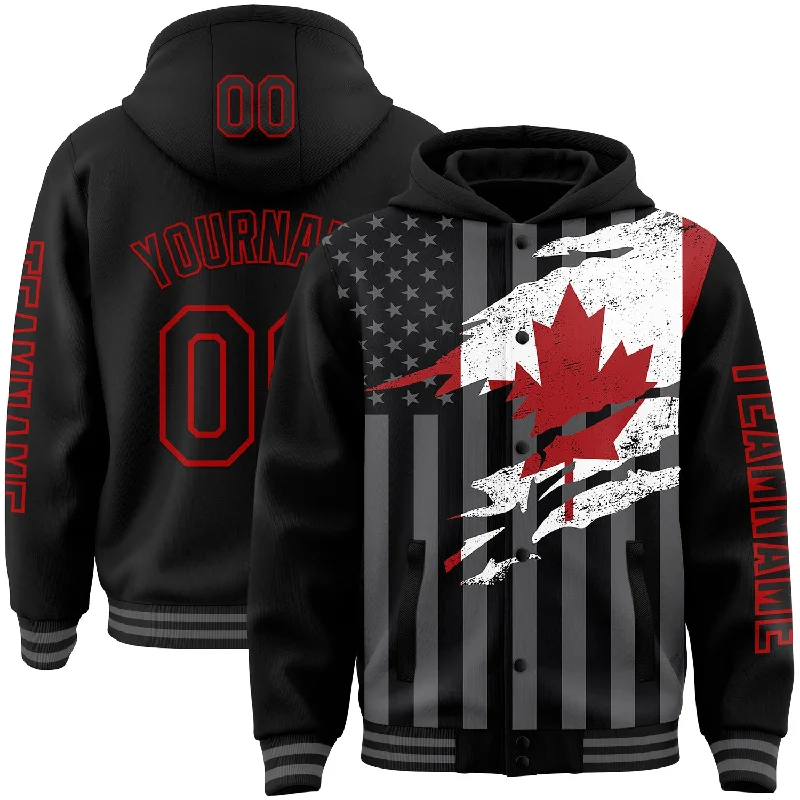 Fishing hook tension holder-Custom Black Red-Gray Canada Canadian Flag 3D Bomber Full-Snap Varsity Letterman Hoodie Jacket