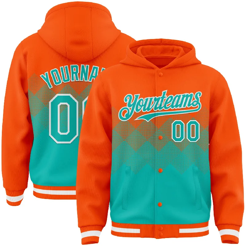 Fishing pliers with line clamp-Custom Orange Aqua-White Gradient Square Shape 3D Pattern Design Bomber Full-Snap Varsity Letterman Hoodie Jacket