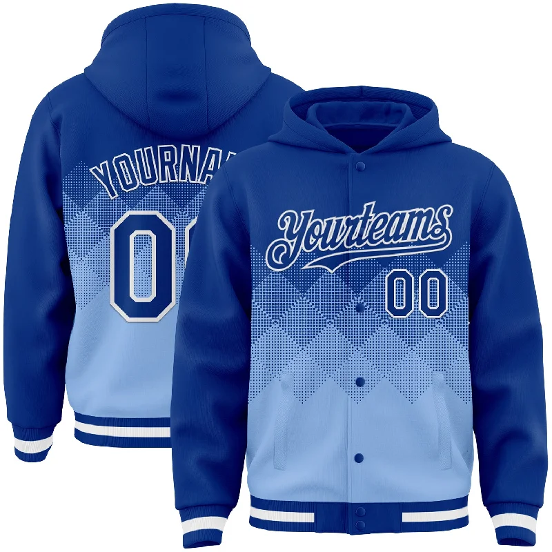 Fishing rod securing rack-Custom Royal Light Blue-White Gradient Square Shape 3D Pattern Design Bomber Full-Snap Varsity Letterman Hoodie Jacket