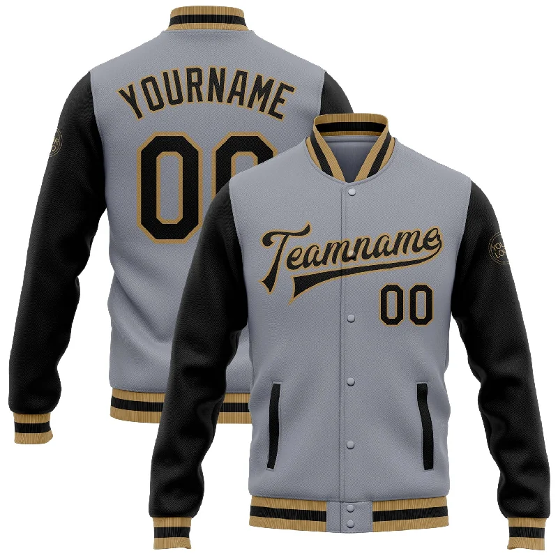 Fishing tackle adjustable stand-Custom Gray Black-Old Gold Bomber Full-Snap Varsity Letterman Two Tone Jacket