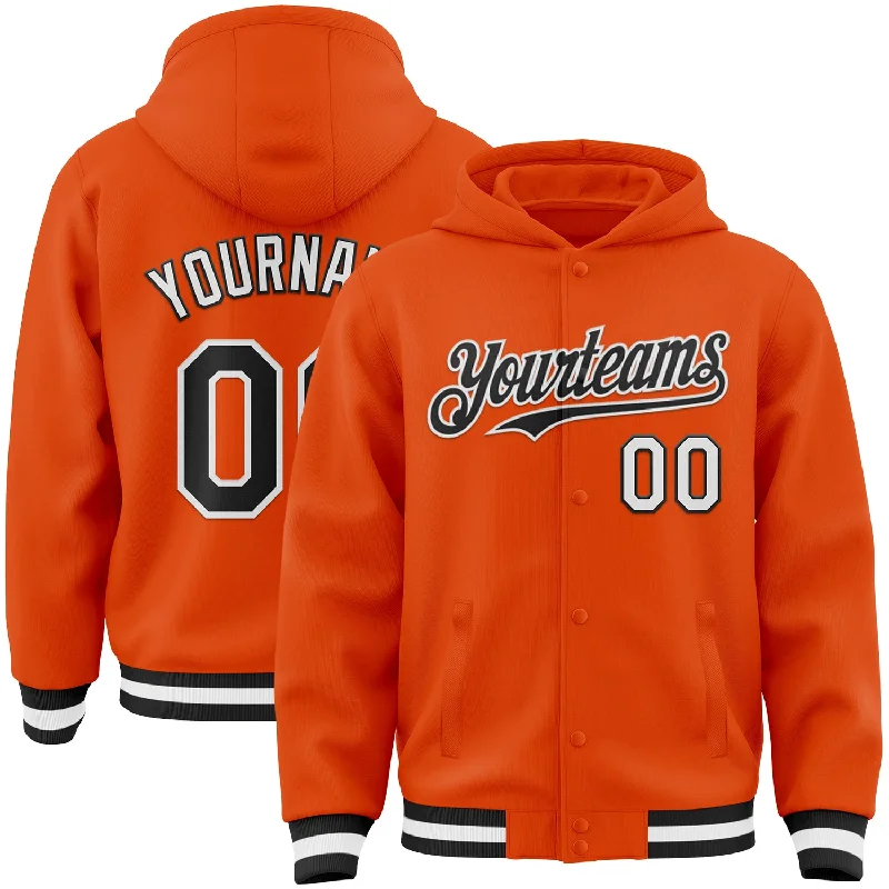 Fishing hook alignment rack-Custom Orange Black-White Bomber Full-Snap Varsity Letterman Hoodie Jacket