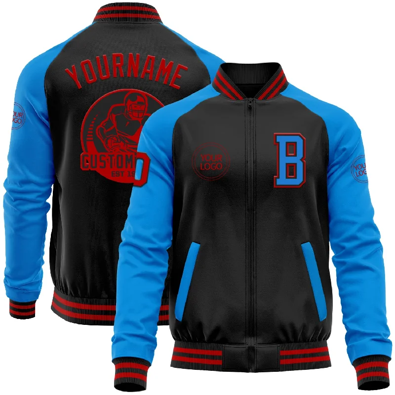 Fishing line knot rack-Custom Black Red-Powder Blue Bomber Varsity Letterman Two Tone Zipper Jacket